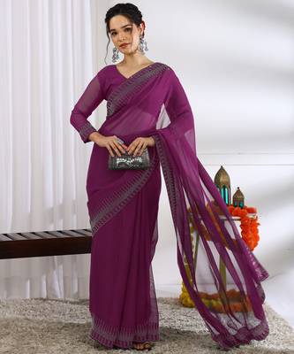 party wear chiffon solid embellished saree with unstiched blouse piece_dark magenta 2