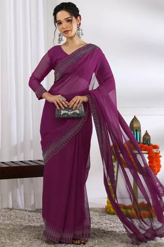 party wear chiffon solid embellished saree with unstiched blouse piece_dark magenta
