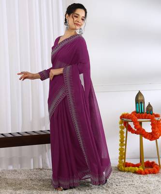 party wear chiffon solid embellished saree with unstiched blouse piece_dark magenta 3