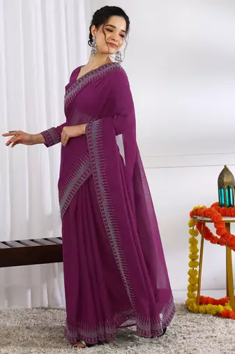 party wear chiffon solid embellished saree with unstiched blouse piece_dark magenta