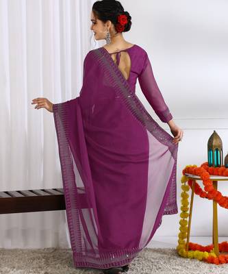 party wear chiffon solid embellished saree with unstiched blouse piece_dark magenta 4