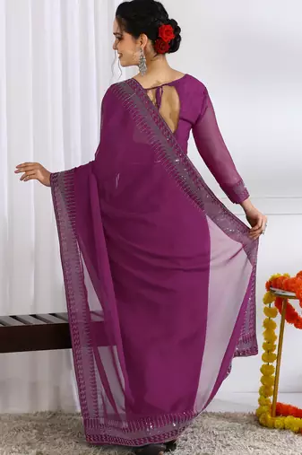 party wear chiffon solid embellished saree with unstiched blouse piece_dark magenta