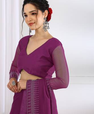 party wear chiffon solid embellished saree with unstiched blouse piece_dark magenta 5
