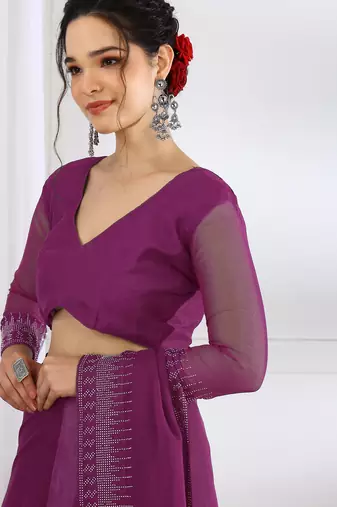 party wear chiffon solid embellished saree with unstiched blouse piece_dark magenta