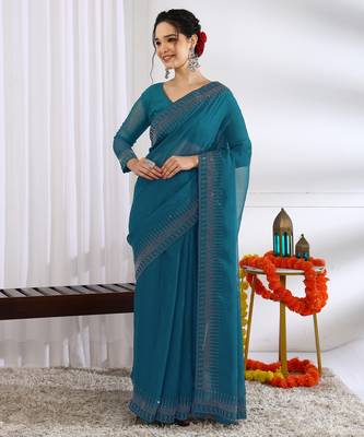 party wear chiffon solid embellished saree with unstiched blouse piece_dark turquoise 1