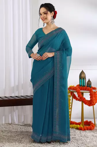 party wear chiffon solid embellished saree with unstiched blouse piece_dark turquoise
