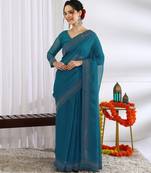 party wear chiffon solid embellished saree with unstiched blouse piece_dark turquoise