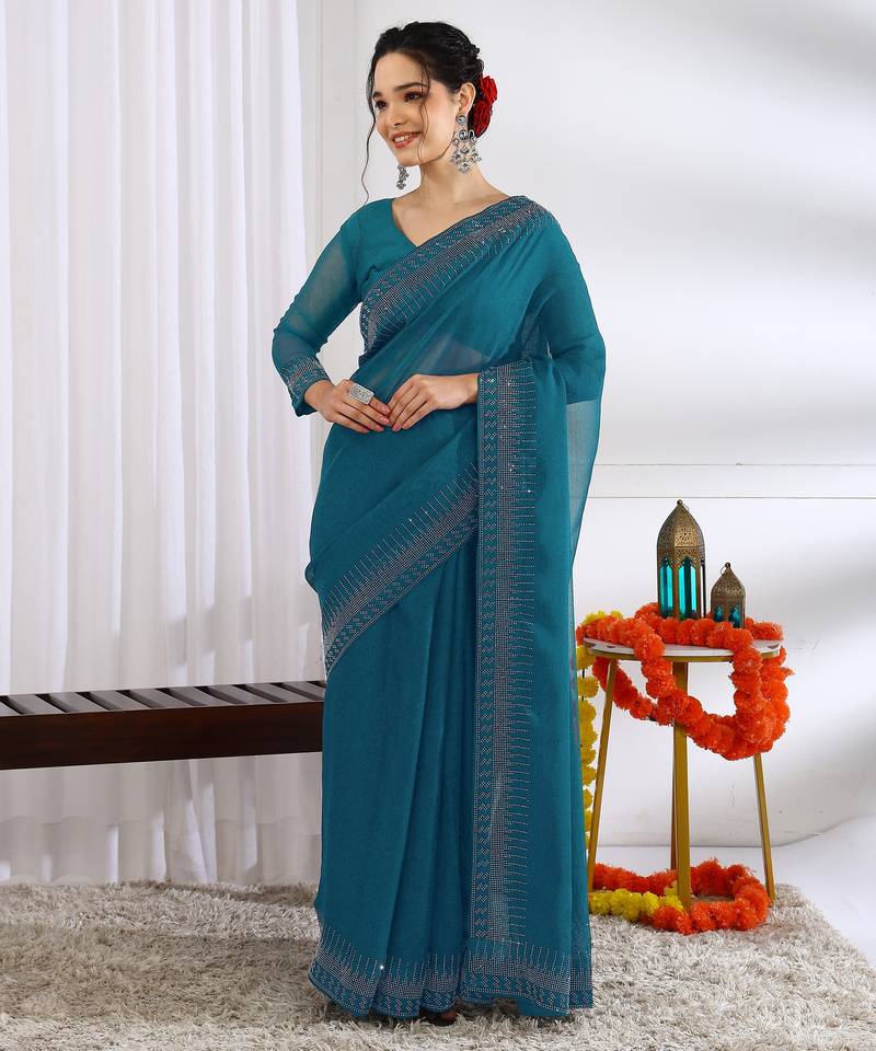 party wear chiffon solid embellished saree with unstiched blouse piece_dark turquoise