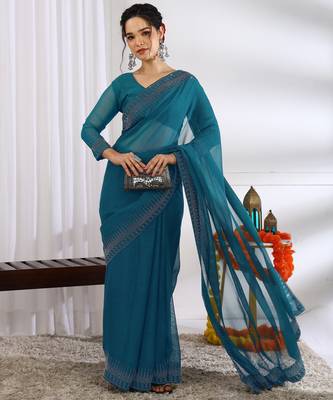 party wear chiffon solid embellished saree with unstiched blouse piece_dark turquoise 2
