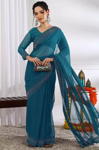 party wear chiffon solid embellished saree with unstiched blouse piece_dark turquoise