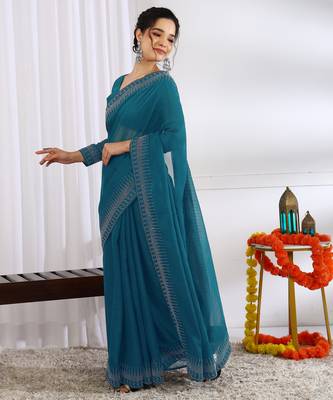 party wear chiffon solid embellished saree with unstiched blouse piece_dark turquoise 3