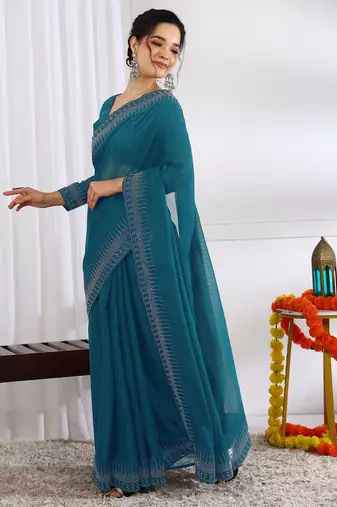 party wear chiffon solid embellished saree with unstiched blouse piece_dark turquoise
