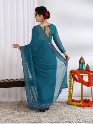 party wear chiffon solid embellished saree with unstiched blouse piece_dark turquoise 4