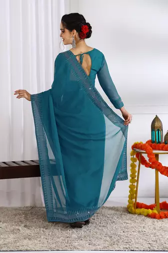 party wear chiffon solid embellished saree with unstiched blouse piece_dark turquoise