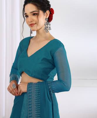 party wear chiffon solid embellished saree with unstiched blouse piece_dark turquoise 5