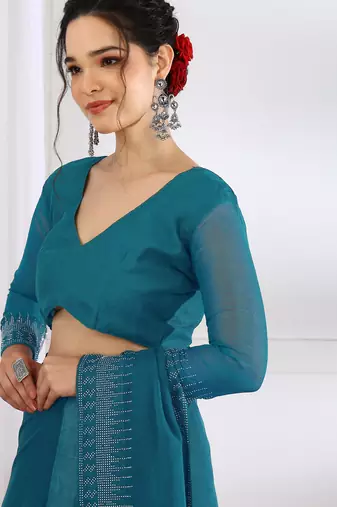 party wear chiffon solid embellished saree with unstiched blouse piece_dark turquoise