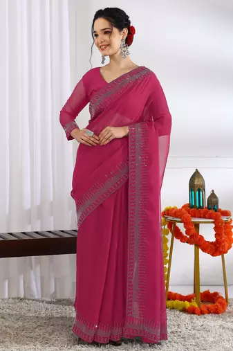 party wear chiffon solid embellished saree with unstiched blouse piece_dark pink