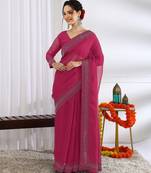 party wear chiffon solid embellished saree with unstiched blouse piece_dark pink