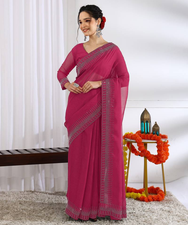 party wear chiffon solid embellished saree with unstiched blouse piece_dark pink