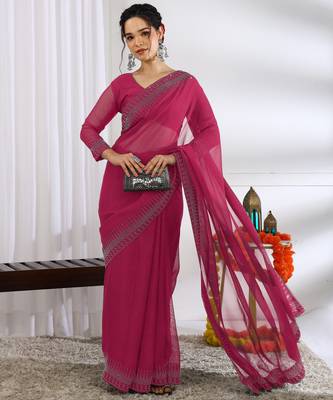 party wear chiffon solid embellished saree with unstiched blouse piece_dark pink 2