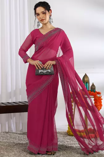 party wear chiffon solid embellished saree with unstiched blouse piece_dark pink