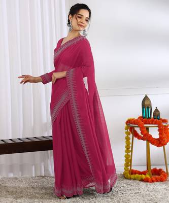 party wear chiffon solid embellished saree with unstiched blouse piece_dark pink 3