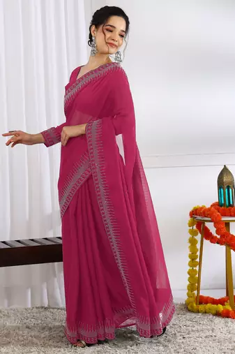 party wear chiffon solid embellished saree with unstiched blouse piece_dark pink