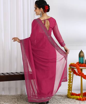 party wear chiffon solid embellished saree with unstiched blouse piece_dark pink 4