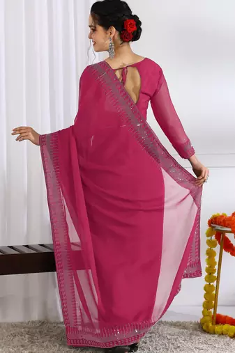 party wear chiffon solid embellished saree with unstiched blouse piece_dark pink