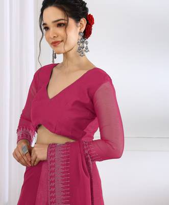 party wear chiffon solid embellished saree with unstiched blouse piece_dark pink 5