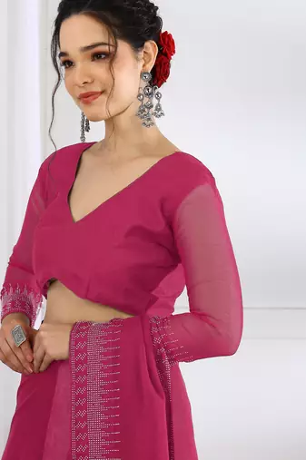 party wear chiffon solid embellished saree with unstiched blouse piece_dark pink