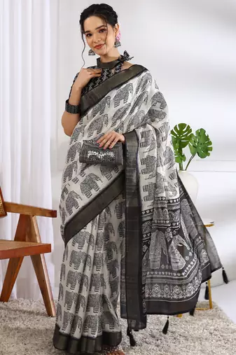 party wear cotton blend block print saree with unstiched blouse piece_white