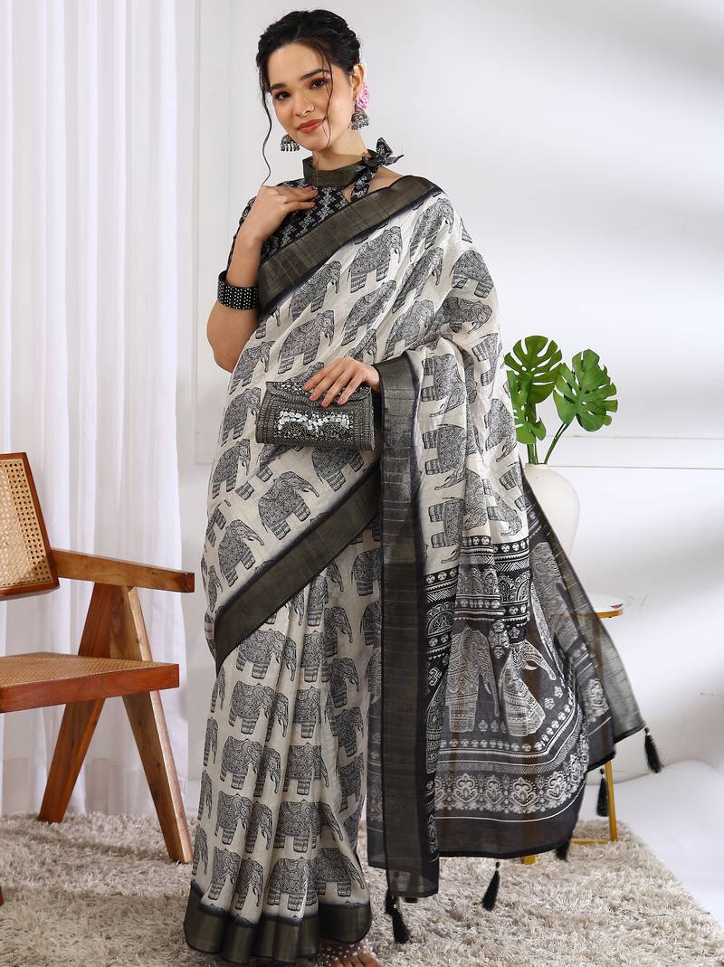 party wear cotton blend block print saree with unstiched blouse piece_white