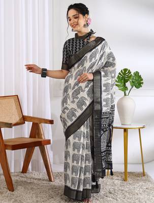 party wear cotton blend peacock print saree with unstiched blouse piece_white 2