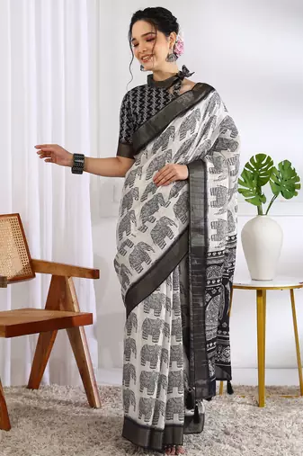 party wear cotton blend peacock print saree with unstiched blouse piece_white