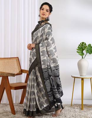 party wear cotton blend peacock print saree with unstiched blouse piece_white 3