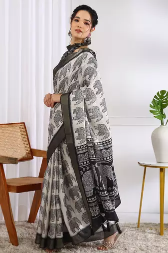 party wear cotton blend peacock print saree with unstiched blouse piece_white