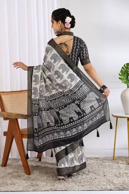 party wear cotton blend peacock print saree with unstiched blouse piece_white 4