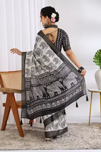 party wear cotton blend peacock print saree with unstiched blouse piece_white