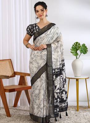 party wear cotton blend floral print saree with unstiched blouse piece_white 1