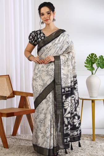 party wear cotton blend floral print saree with unstiched blouse piece_white