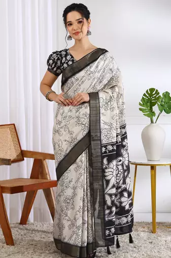 party wear cotton blend floral print saree with unstiched blouse piece_white