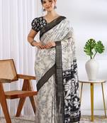 party wear cotton blend floral print saree with unstiched blouse piece_white