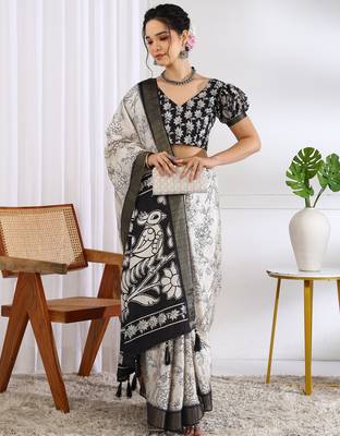 party wear cotton blend floral print saree with unstiched blouse piece_white 2