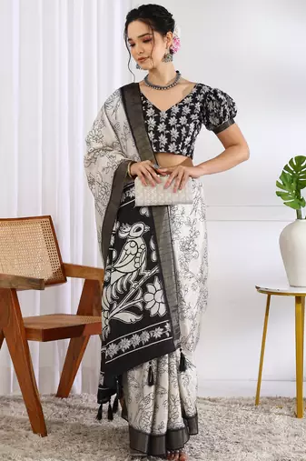 party wear cotton blend floral print saree with unstiched blouse piece_white