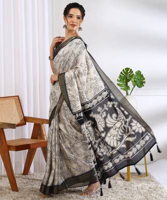 party wear cotton blend floral print saree with unstiched blouse piece_white 3