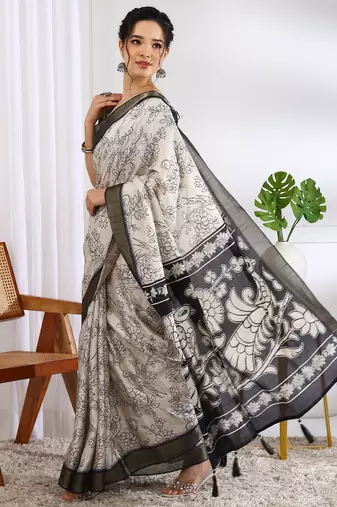 party wear cotton blend floral print saree with unstiched blouse piece_white