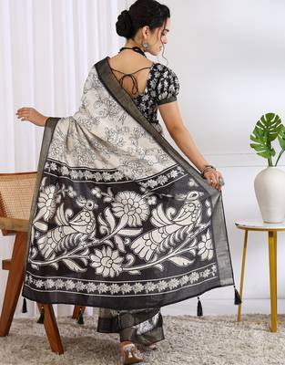 party wear cotton blend floral print saree with unstiched blouse piece_white 4