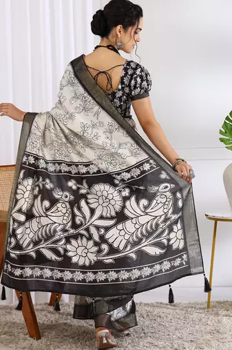party wear cotton blend floral print saree with unstiched blouse piece_white