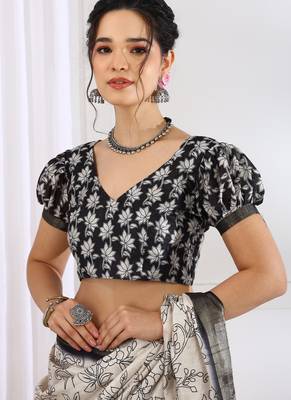 party wear cotton blend floral print saree with unstiched blouse piece_white 5